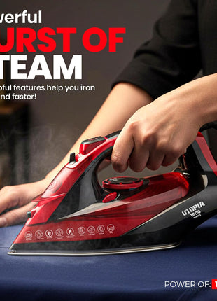 Utopia Home Steam Clothes Iron - 1800W (Black Red) Non-Stick Soleplate | Nonstick Soleplate With Auto-Off Safety Feature - Adjustable Thermostat Control, Variable Steam Control, Self-Clean, 8ft Cord