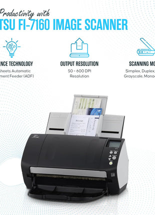 FI-7160 Fujitsu Document Scanner - Duplex - Scanners for Computers with 24V & USB 3.0 Cable, 8.5 X 14 in, 600 DPI, 60 PPM (Mono/Color), ADF, 4000 Scans Per Day (Renewed)