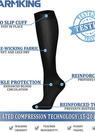CHARMKING Compression Socks for Women & Men (8 Pairs) 15 20 mmHg Graduated Copper Support Socks are Best for Pregnant, Nurses   Boost Performance, Circulation, Knee High & Wide Calf (L/xL, Black)
