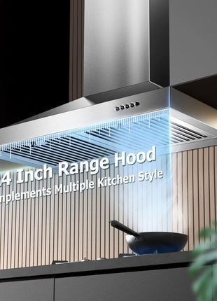 24 Inch Range Hood, Wall Mount Vent Hood in Stainless Steel with Ducted/Ductless Convertible Duct, 3 Speed Exhaust Fan, Energy Saving LED Light, Push Button Control, 2 Pcs Baffle Filters