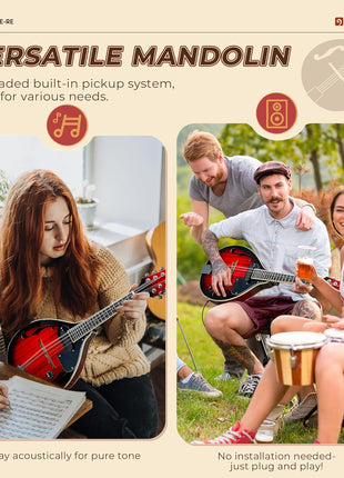Vangoa Mandolin Musical Instrument A Style Acoustic Electric, 8 Strings Mahogany for Beginner Adults Teens, Red Burst