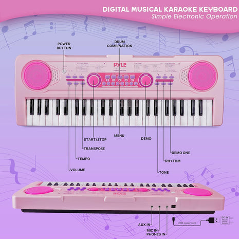 Pyle, Electric Keyboard 49 Keys-Portable Digital Musical Karaoke Piano Keyboard-100 Tunes/Rhythms, 50 Demos, Rechargeable Battery-Wired Microphone-Beginners Kids Adult Pink PKBRD4912PK.3