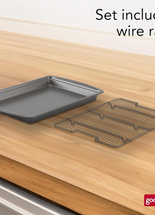 GoodCook 15" x 10.5" Nonstick Carbon Steel Baking Pan & Raised Wire Rack – Pizza Crisper, Crispy Bacon, Multipurpose Cooking Sheet Pan, Cooling Rack, Kitchen Cookware Set, Dishwasher Safe