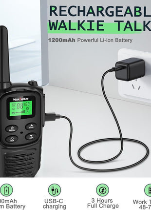 MaxTalker Walkie Talkies Long Range for Adult, MT10 Rechargeable Walkie Talkies FRS Two Way Radio, NOAA, 1200mAh Li-ion Battery USB-C Cable, LED Flashlight, VOX Walkie Talkie for Hiking Camping 2Pack