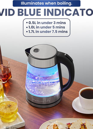 Elite Gourmet EKT-602 BPA-Free Electric Glass Kettle, Cordless 360° Base | Stylish Blue LED Interior, Auto Shut-Off Function, Quickly Boil Water for Tea & More