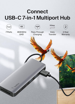 Belkin USB-C Hub, 7-in-1 MultiPort Docking Station for MacBook & Windows - 85W USB-C Power Delivery 3.0, 4K HDMI 1.4, 2x USB-A 3.0, SD 3.0, Micro SD 3.0, & 3.5mm Audio Jack