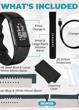Fitbit Charge 6 Fitness Tracker (Bundle) – Black/Obsidian – Heart Rate, GPS, Sleep & Stress Tracking + Fast Charger, & Cleaning Cloth (Black)