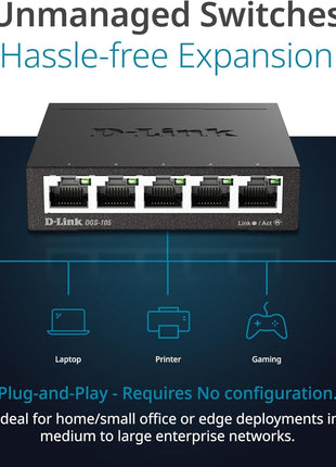 D-Link DGS-105, 5 Port Gigabit Ethernet Switch Unmanaged, Network Splitter, Silent Fanless, Network Hub, Sturdy Metal with Shielded Ports, Desktop/Wall Mount, QoS, Energy Saving, Plug and Play