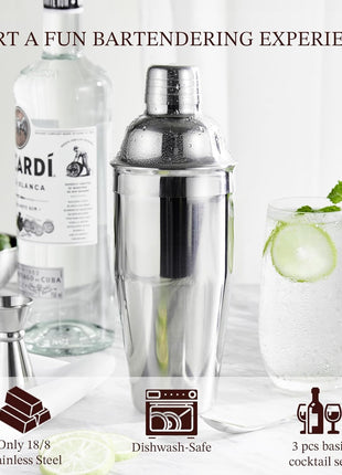 Cocktail Shaker, KITESSENSU 24oz Drink Shaker with Bartender Strainer, Measuring Jigger, Bar Mixing Spoon, Cocktail Recipe Guide, Professional Drink Mixer Set for Beginners, Silver