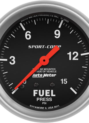 Auto Meter 3411 Sport-Comp Mechanical Fuel Pressure Gauge, Fuel Pressure - 2 5/8 inch