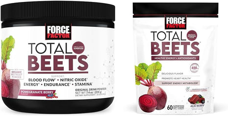 Force Factor Total Beets Drink Mix Superfood Powder with Nitrates to Support Circulation,Blood Flow & Total Beets Soft Chews with Beetroot, Nitrates, L-Citrulline, Grapeseed Extract