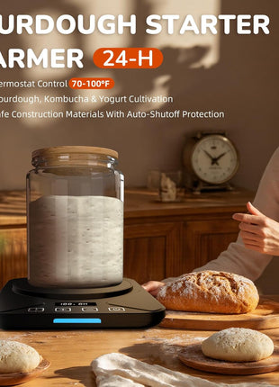 Sourdough Starter Warmer Mat - 24H Timer - Precise 1°F Thermostat Control (70-100°F) - Smart Memory Warming On/Off - Fits Jars Up to 40oz - Perfect for Home Baking (Moonlight White)