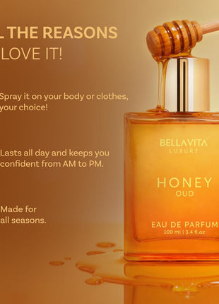 BellaVita Luxury Honey Oud Eau de Parfum | 100 ml | Unisex Perfume | Long-lasting Eau de Parfum perfume with Honey, Bergamot, Oud & Amber notes for men and women.