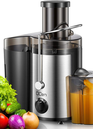 QCen Juicer Machine, 500W Centrifugal Juicer Extractor with Wide Mouth 3??Feed Chute for Fruit Vegetable, Easy to Clean, Stainless Steel, BPA free (Black)