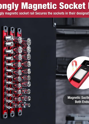 WORKPRO Magnetic Socket Organizer, Heavy Duty 3/8-Inch Drive Socket Rail | 1 Piece Socket Holder with 10 Spots, Aluminum Alloy, Rotatable & Movable Clips, Efficient Organization
