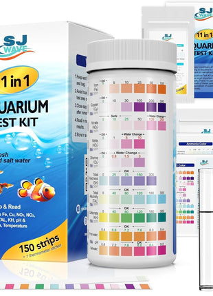 11 in 1 - Aquarium Test Strips | 950 Tests - 150 Strips | Fish Tank Aquariums Water Test Kit & ebook | Aquarium Thermometer | Fish Tank Water Testing Kit Includes 50 Ammonia Strips | Versatile Usage