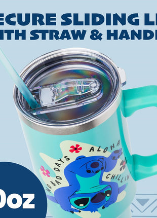 Silver Buffalo Disney Lilo and Stitch Aloha, Stainless Steel Tumbler, 40oz | Double Walled, Handle and Straw, Fits in Standard Cup Holder, Drinkware, Water Bottle, No Bad Days Chillin, Blue, 1.18 Liters