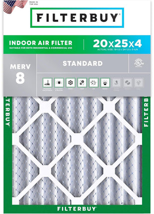 Filterbuy 20x25x4 Air Filter MERV 8 (MPR 700) Dust Defense Replacement (1-Pack), Electrostatic Pleated HVAC AC Furnace Filters, Made in USA (Actual Size: 19.50 x 24.50 x 3.63)