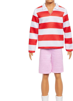 Barbie Fashionistas Ken Doll #241 with Blonde Hair | Wearing Red and White Striped Polo Shirt with Pink Shorts, White Crew Socks and Sneakers