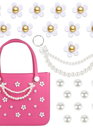 Charms for Bogg Bag,Decorative Flowers Pearls and Chain Set for Rubber Tote Bag, Must Have Accessories for Women Girls Simply Southern Beach Totes Bling Decoration