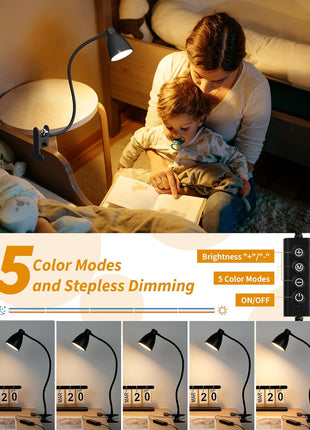 BOHON Desk Lamp 5 Color Modes 10 Brightness Dimmer Reading Light 10W 38 LED Clamp Lamp with Auto Off Timer 360° Flexible Neck Clip on Light for Bed Bedside, AC Adapter Include