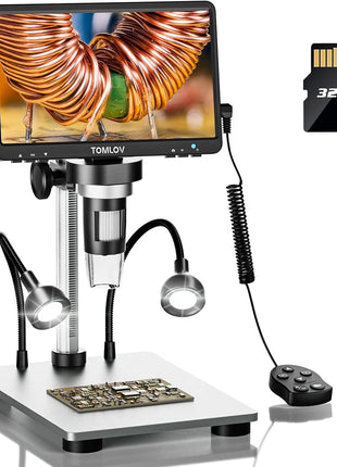 TOMLOV DM9 7" Digital Microscope: 1080P 1200X Coin Microscope Magnifier, 12MP Ultra-Precise Focusing LCD Soldering Microscopes for Adults, PC View, 16GB