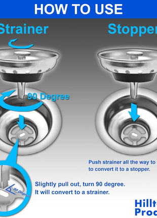 2 Pack - Kitchen Sink Strainer and Stopper Combo Basket Replacement for Standard 3-1/2 inch Drain, Stainless Steel Basket with Plastic Knob, Rubber Stopper Bottom - Hilltop Products
