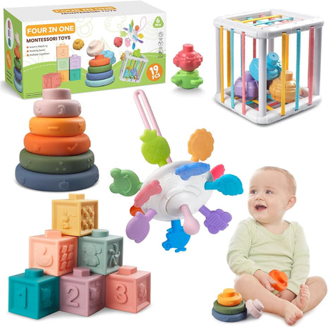 4-in-1 Montessori Baby Toy Set with Pull-String Teether Stacking Blocks | Stacking Rings, Baby Blocks, Sensory Cube, Bath Play, Color and Shape Matching, Fine Motor Practice, Montessori Baby Gifts