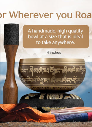Handmade Tibetan Etched Singing Bowl Set? Sound Bowl & Meditation Bowl with Cushion, Mallet & Guide? Yoga Kit? Stress Relief Tools? Ancient Himalayan Meditation Tools