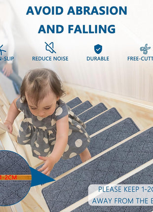 Stair Treads for Wooden Steps Indoor, 15 Pack 8 inch X 30 inch Non Slip Carpet Stair Treads with Reusable Adhesive for Kids Elders and Dogs, Surface Polyester TPR Backing Stair Runner Rugs, Dark Grey