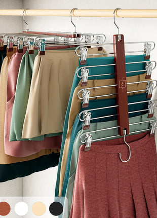 MORALVE Skirt Hangers Space Saving with Clips - 2 Pack - European Beechwood 5-Tier Hanger for Shorts, Skirts, and Pants - Closet Organizer and Storage Solution for Women with 360° Swivel Hook