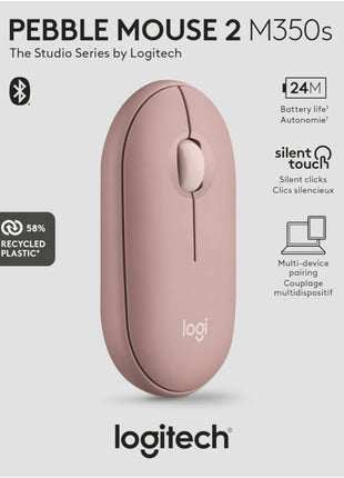 Logitech Pebble Mouse 2 M350s Slim Bluetooth Wireless Mouse, Portable, Lightweight, Customizable Button, Quiet Clicks, Easy-Switch for Windows, macOS, iPadOS, Android, Chrome OS - Tonal Rose