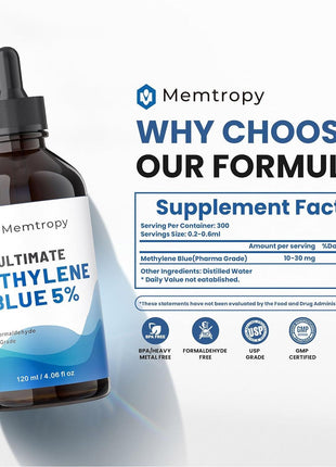Methylene Blue Pharmaceutical Grade 4.06 fl oz (120 mL), 99% Purity Supplement for Humans, Formaldehyde-Free, Alcohol-Free, Glass Bottle