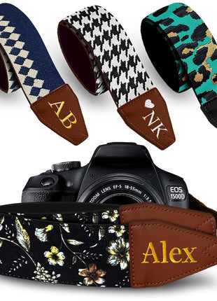 Camera Strap - Shoulder, Crossbody & Neck Camera Strap for Photographers, Fits All Cameras, Canon Nikon Sony Fujifilm, Padded Strap W/ Quick Release, Embroidered Cotton & Leather Ends, Blue