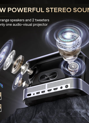 3-in-1 Outdoor Projector 4K Supported, AURZEN BOOM 3 Smart Projector with WiFi and Bluetooth, 3D DoIby Audio & 36W Speakers, Auto Focus & Keystone, Built in NetfIix App 500 ANSI Home proyector, Gold