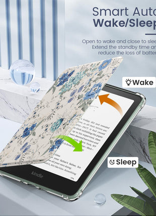 MoKo Case for All-new 7 inch Kindle Paperwhite 12th Gen 2024&Kindle Colorsoft Signature Edition 2024,Ultra Clear Soft Flexible Transparent TPU Back Cover Light Shell with Auto Wake/Sleep,White Blue Floral
