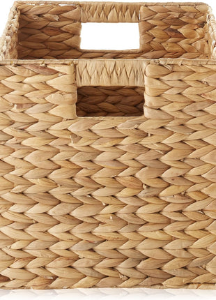 Casafield 10.5 inch x 10.5 inch Water Hyacinth Storage Baskets, Natural   Set of 4 Collapsible Cube Organizers, Woven Bins for Bathroom, Bedroom, Laundry, Pantry, Shelves