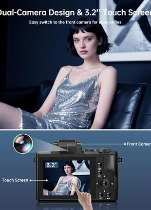 8K Digital Cameras for Photography - Autofocus 88MP WiFi Vlogging Camera for YouTube with Dual-Lens - 16X Digital Zoom Vlog Camera with Lens Hood, Flash, Touch Screen, 2 Batteries, 32GB TF Card
