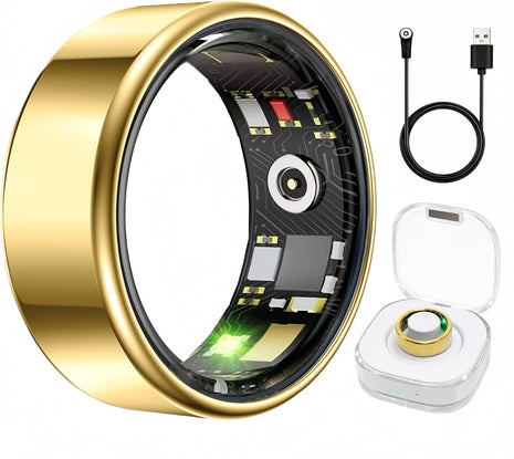 Smart Ring Health & Fitness Tracker for Men & Women, Heart Rate, SPO2, Sleep & Activity Monitoring, IP68 Waterproof, Long Battery Life, Family Care Mode, No Subscription Fee (Gold, 8)