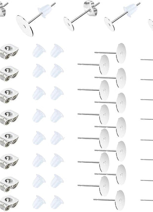 450PCS Earring Posts Stainless Steel Flat Pad,Hypoallergenic Stud Earrings with Butterfly and Rubber Bullet Earring Backs for Jewelry DIY Making Findings (Silver) (Silver)
