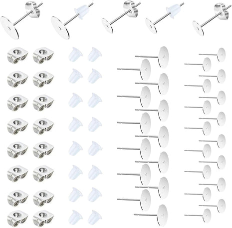450PCS Earring Posts Stainless Steel Flat Pad,Hypoallergenic Stud Earrings with Butterfly and Rubber Bullet Earring Backs for Jewelry DIY Making Findings (Silver) (Silver)