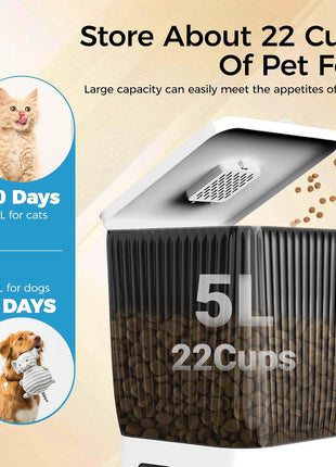 Automatic Cat Feeder with Camera, 5L Smart Dog Food Dispenser with App Control, 1080P Night Vision, Two-Way Audio. 22 Cups Large Hopper, Motion Detection, Timer (5L Single Bowl)