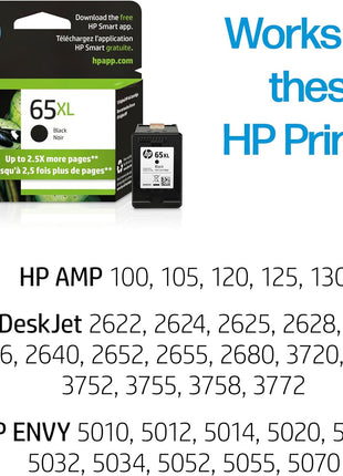 HP 65XL Black High-yield Ink Cartridge for HP Printers | Works with Printer Series: AMP 100, DeskJet 2600, 3700; ENVY 5000 | Eligible for Instant Ink | N9K04AN