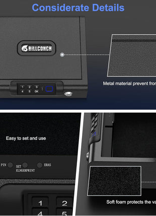 Biometric Gun Safe for Pistols 3-Ways unlock Fingerprint Digital PIN Key Unlock Handgun Safe with Sound, Lock box for Cloakroom living room Bedroom Nightstand and Car BILLCONCH