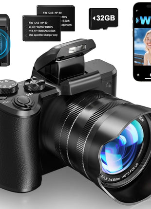 8K Digital Cameras for Photography - Autofocus 88MP WiFi Vlogging Camera for YouTube with Dual-Lens - 16X Digital Zoom Vlog Camera with Lens Hood, Flash, Touch Screen, 2 Batteries, 32GB TF Card