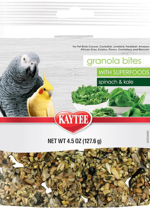 Kaytee Granola Bites with Super Foods Spinach and Kale for Pet Birds, Conure, Cockatiel, Lovebird, Parakeet, Amazon, African Grey, Ecletus, Pionus, Cockatoos and Macaws, 4.50 Ounce (Pack of 1)