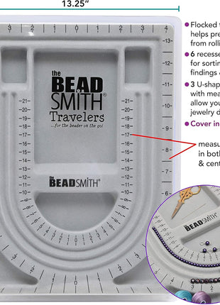 The Beadsmith Bead Board with Cover, Grey Flocked | 3 U-Shaped Channels, 6 Recessed Compartments,13.25 x 9.75 inches, Design Boards for Creating Bracelets, Necklaces and More
