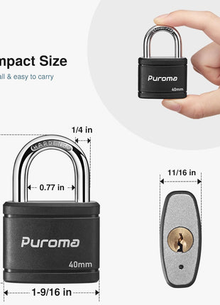 Puroma 2 Keyed Padlock with 3 Keys 7/8" School Locker Lock Gate 40mm Black | For Gym Locker Gate Outdoor, Keyed Alike, Hardened Steel Shackle, Weather-resistant, Resist cut & pry, Multi-pin cylinders