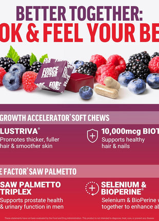 Force Factor Hair Growth Accelerator Soft Chews, Hair Growth Vitamins for Women and Men with Clinically Studied Lustriva and Biotin, Promotes Thicker, Fuller, Stronger Hair + Saw Palmetto