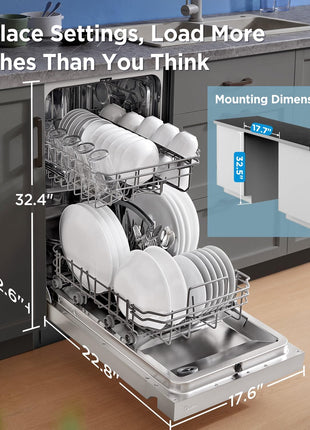 Midea 18 Inch Built-in Dishwasher, Slim Space-Saving Design with 8 Place Settings, 6 Washing Programs & Stainless Steel Tub, Energy Star Certified Dishwasher with Heated Dry & High Temp Wash, Silver